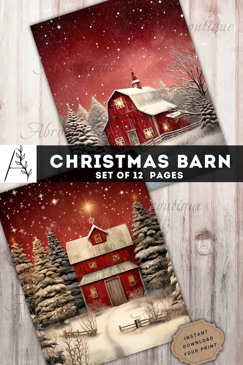 Christmas Barn Paper, Junk Journal Digital Kit, Red House, Winter Barn