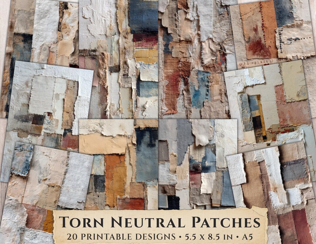 Torn Neutral Patches Printable Paper, Fabric Junk Journal Background ...