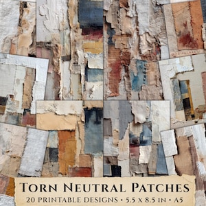 Carta stampabile con ritagli neutri strappati, sfondo per junk journal in tessuto, foglio per scrapbooking con tecnica mista e texture, collage tessile shabby chic