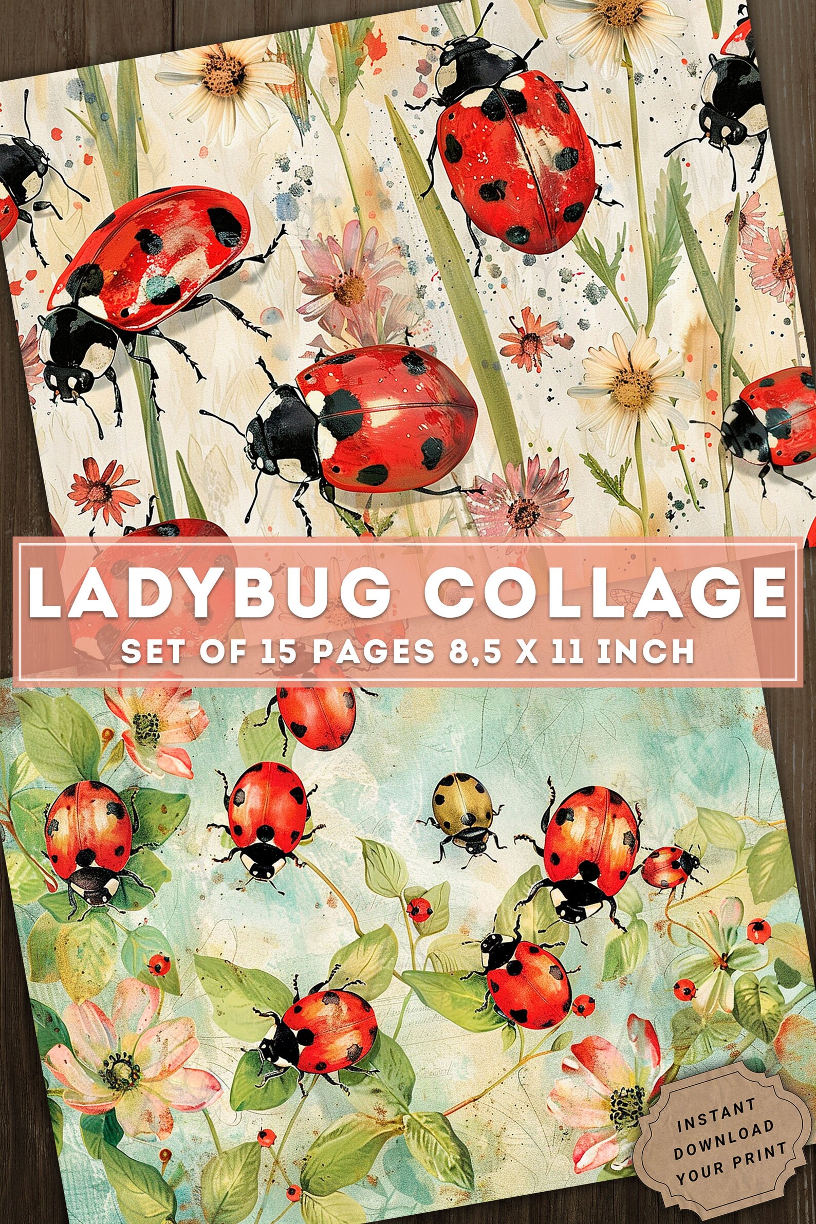 Ladybug Collage, Junk Journal Kit, Colorful Vintage Spring Paper, Cute ...