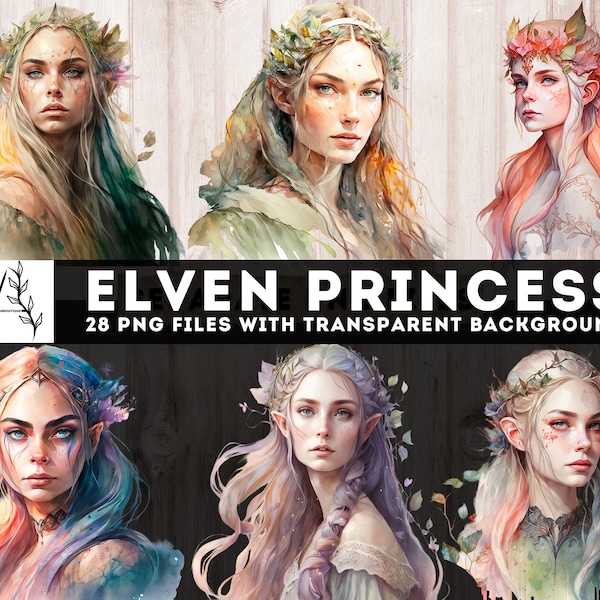 Watercolor Elven Princess Clipart, 28 PNG Forest Princesses Bundle, Elven Queen, Junk Journal, Cute Elf Lady, Nymph, Commercial Use