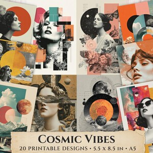 May include: A collection of 20 printable designs featuring vintage-style portraits, celestial bodies, and geometric shapes. The designs are in a variety of colors, including orange, blue, and pink. Each design measures 5.5 x 8.5 inches.