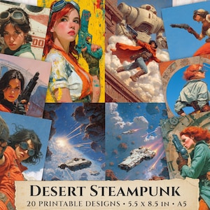 Öken Steampunk-papper, Steampunk-skräpjournal, Retro Sci Fi-digitala sidor, Äventyrsklippbok, Kosmisk Steampunk, Digital nedladdning