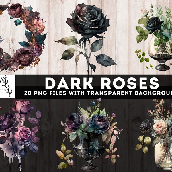 Dark Roses Clipart, 20 PNG Black Roses Bundle, Watercolor Gothic Roses, Junk Journal Printables, Fussy Cut, Commercial Use, Instant download