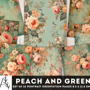 Peach Flowers at Green Paper, Junk Journal Kit, Rose Digital Paper, shabby chic floral paper, Old Flower Collage Sheet, Printable Pages