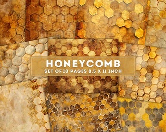 May include: Set of 10 digital paper backgrounds featuring a honeycomb pattern in shades of gold and brown. The papers are 8.5 x 11 inches.