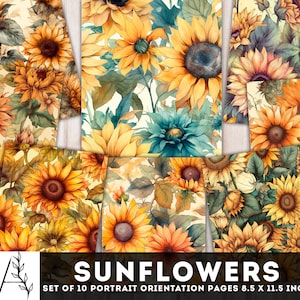 Lot de 10 papiers numériques tournesol pour scrapbooking et journal indésirable - arrière-plans floraux imprimables, kit de journal indésirable tournesols, téléchargement