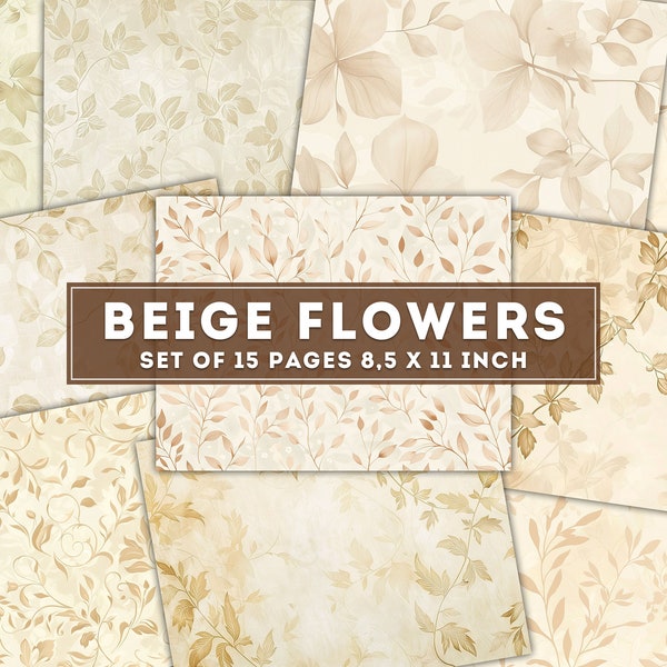 Beige Flowers Digital Paper, Watercolor Scrapbook Papers, Junk Journal kit, Digital Background, Printable Paper Set, Floral Leaves, Download