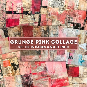 Colagem rosa grunge, mídia mista, tecidos e tintas, folhas de recordações de diário, fundo antigo, páginas vintage para impressão, download digital