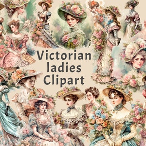 Lady victorienne Clipart, 20 PNG aquarelle Lady Bundle, femme Junk Journal imprimables, embellissement, décoration de papier, feuilles de collage Lady
