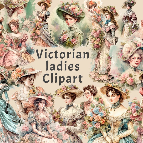 Victorian Lady Clipart, 20 PNG Watercolor Lady Bundle, Woman Junk Journal Printables, Embellishment, Paper decoration, Lady collage sheets