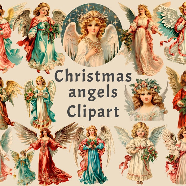 Christmas Angels Clipart, 18 PNG Vintage Christmas Bundle, Junk Journal Printables, Christmas embellishment, Digital Xmas, Instant Download