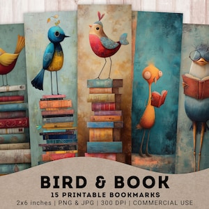 Bird & Book Bookmarks, 15 PNG Printable Whimsical Birds Reading Books, Funny Reading Lover Collage, Digital Bookmarks, Instant download