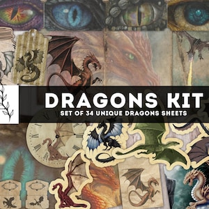 Dragons Junk Journal Kit, Dragons paper, Dragons Ephemera, Fussy cuts, Clock, Dragons Envelope & pockets, Dragon ATC cards Instant Download