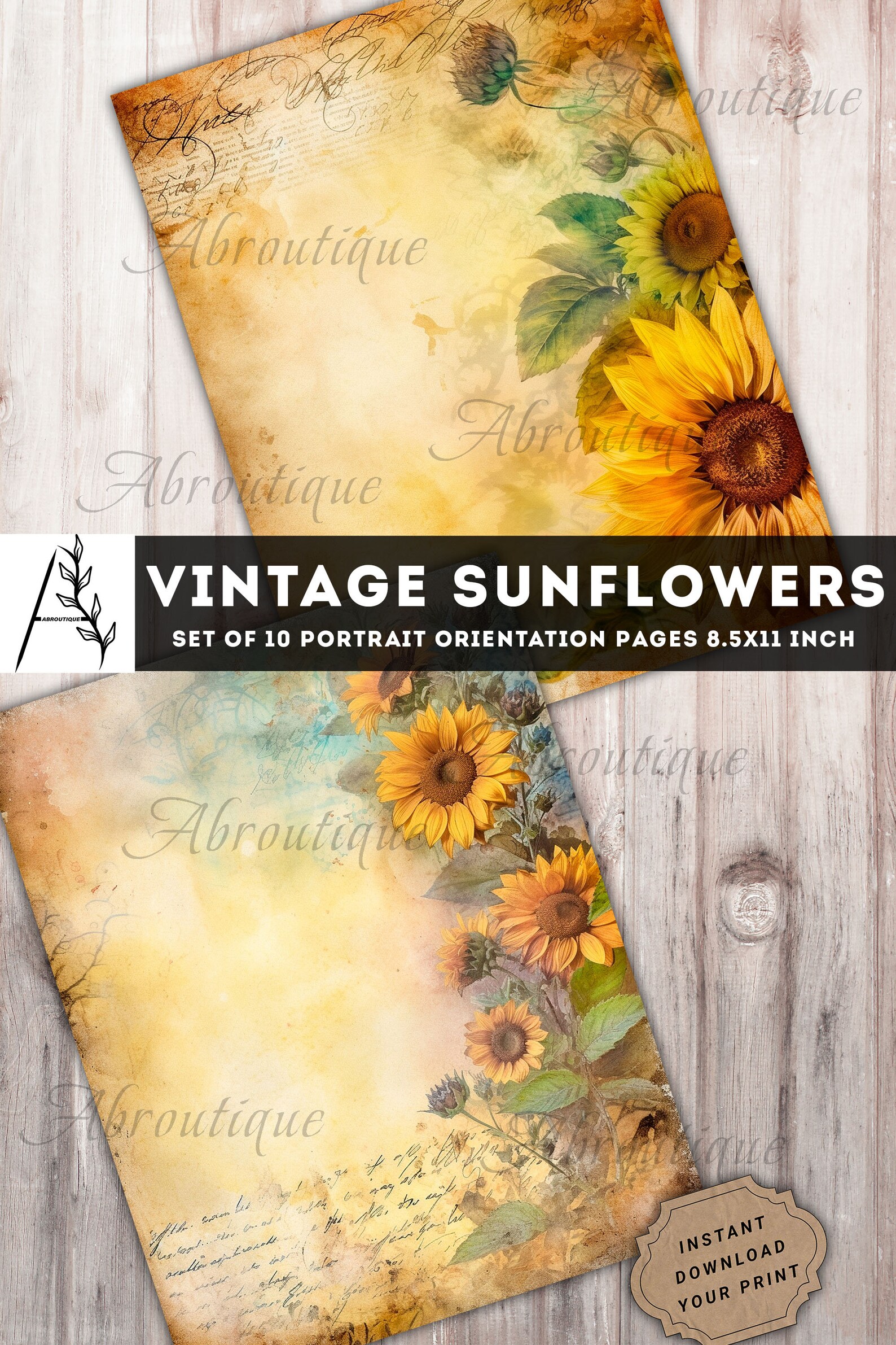 Vintage Sunflowers Digital Paper Pack for Scrapbook and Junk Journal ...