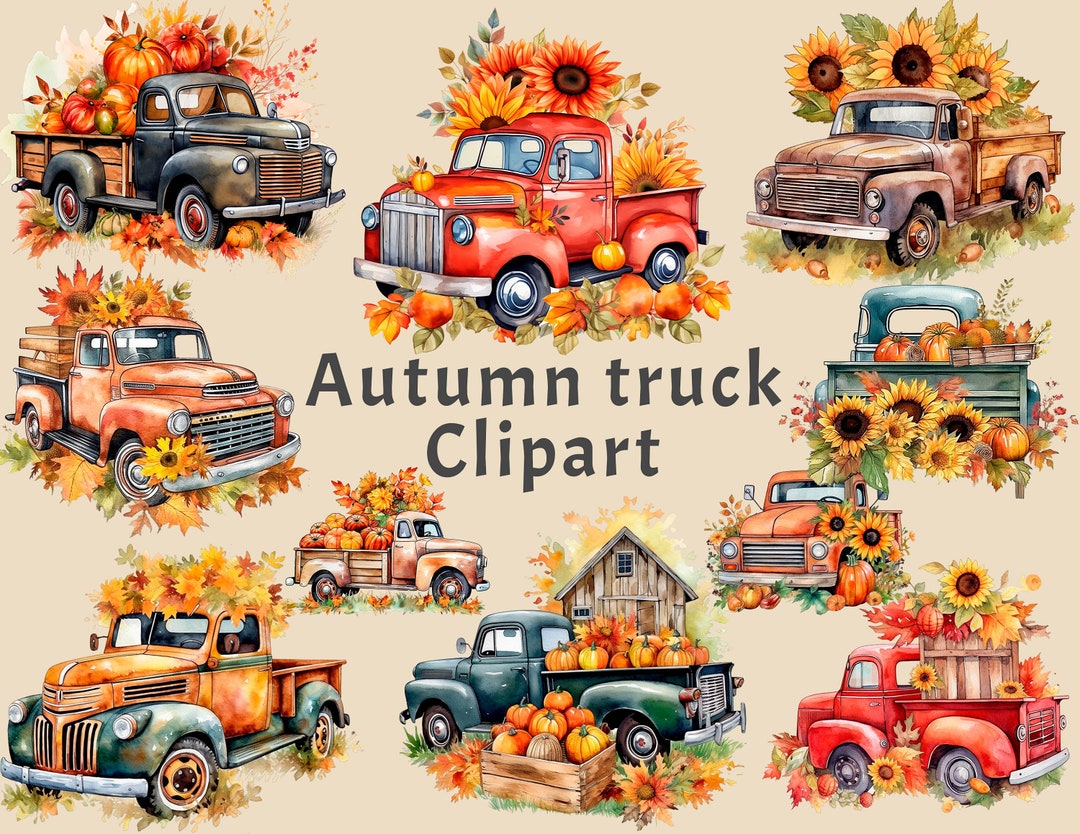Autumn Truck Clipart, 18 PNG Truck Digital Bundle, Cars With Dry Leaves ...