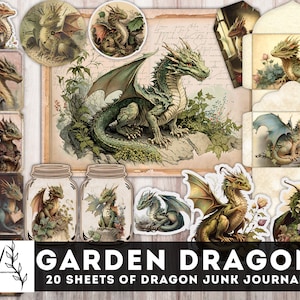 Jardin Dragon Junk Journal Kit, papier Dragons, Ephemera Dragons, coupes difficiles, horloge, enveloppe Dragons & poches, téléchargement immédiat