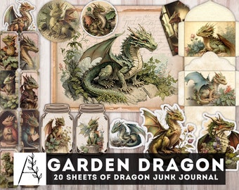 Garden Dragon Junk Journal Kit, Dragons paper, Dragons Ephemera, Fussy cuts, Clock, Dragons Envelope & pockets, Instant Download
