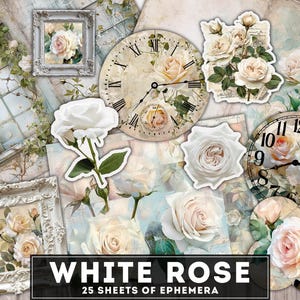 Weiße Rosen Junk Journal Kit, Elegante Rosen Digital Printable Projekt, Ephemera, Papier, Uhren, Fussy Cuts, ATC Karten, Taschen und Umschläge