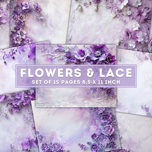Fleurs violettes et dentelle, kit de journal indésirable, pages de journal vintage, paquet de papier collage floral, éphémères, pages imprimables, téléchargement numérique