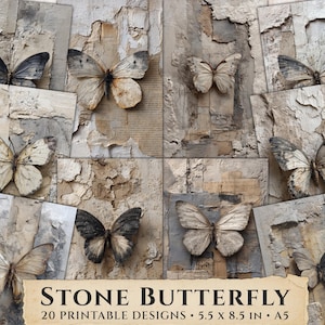 May include: A collection of 20 printable designs featuring butterfly illustrations. The butterflies are in various shades of brown, gray, and white, set against a textured background. The text "STONE BUTTERFLY" is displayed, along with the dimensions 5.5 x 8.5 inches and A5.