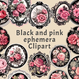 Black & Pink Floral Ephemera, 18 PNG Flowers Bundle, Watercolor Junk Journal Printables, Embellishment, Paper decor, Floral collage sheets