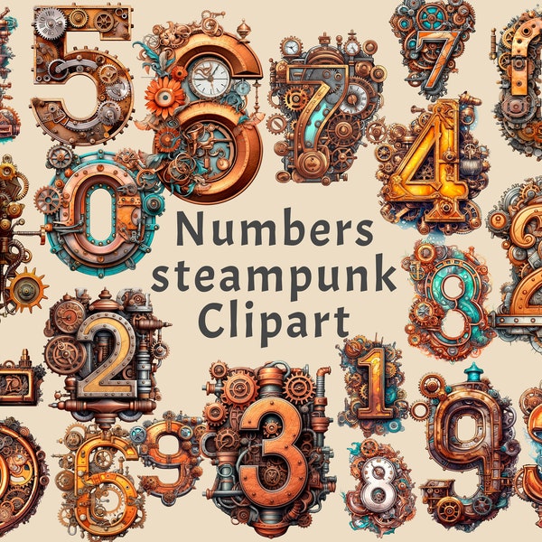 Steampunk Number Clipart, 20 PNG Different Numbers Bundle, Steampunk Junk Journal Printables, date Embellishment, Paper collage sheets