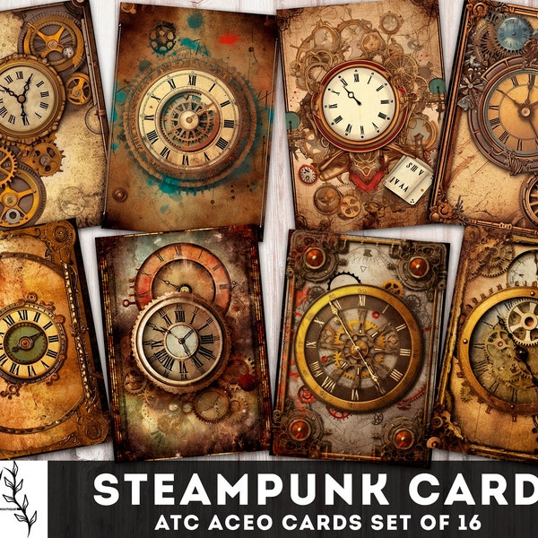 Steampunk Cards Printable ATC Aceo Cards 2.5” x 3.5” Junk Journal Digital Cards, Steampunk Clock face Ephemera, Gears, Grunge mechanism