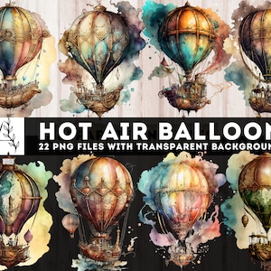 Ballon à air chaud Steampunk Clipart, 22 PNG Steampunk Printables, Junk Journal, Aquarelle Steampunk Ephemera, Fussy Cut, Digital Steampunk