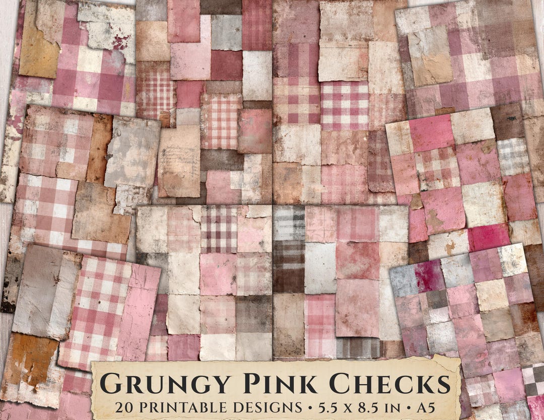 Grungy Pink Checks Printable Paper, Distressed Gingham Junk Journal ...