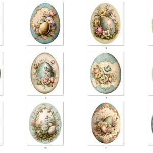 May include: Twelve vintage Easter egg illustrations featuring floral and bird designs. Each egg is decorated in pastel colours with intricate details, including flowers, birds, and ribbons.