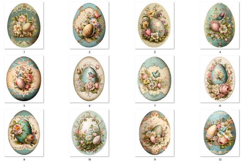 May include: Twelve vintage Easter egg illustrations featuring floral and bird designs. Each egg is decorated in pastel colours with intricate details, including flowers, birds, and ribbons.