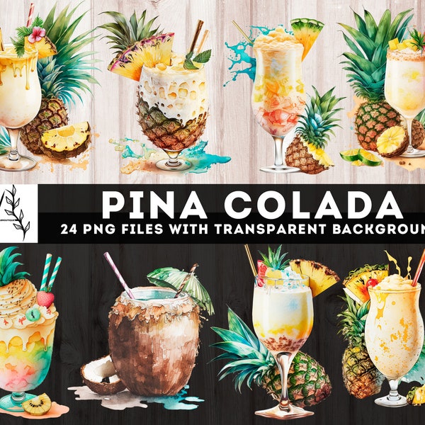 Watercolor Pina Colada 24 PNG Clipart, Tropical Cocktail Bundle, Junk Journal Printables, Ephemera, Craft, Scrapbook Digital Download