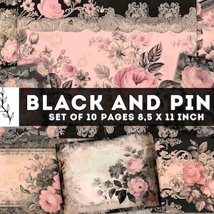 Black & Pink Junk Journal Kit, Rose Floral digital paper, Junk journal supplies, Old Flower Collage Sheet, Printable Pages, Digital Download