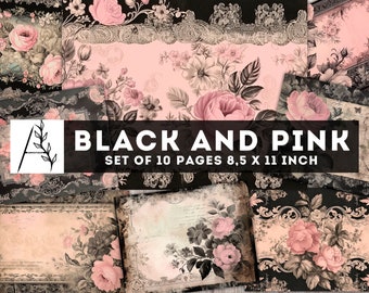 Schwarz & Rosa Junk Journal Kit, Rose Floral digitales Papier, Junk Journal Zubehör, alte Blumen Collage Sheet, druckbare Seiten, digitaler Download