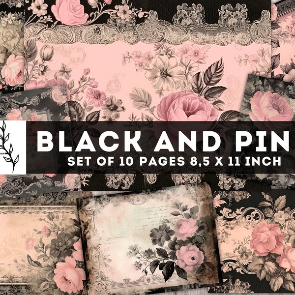 Kit de diario basura negro y rosa, papel digital floral rosa, suministros de diario basura, hoja de collage de flores antiguas, páginas imprimibles, descarga digital
