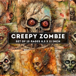 Zombie Junk Journal Kit, Creepy Horror Paper, 10 JPG + PDF digital paper, Junk journal supplies, gothic, scary, Collage Sheet, Download