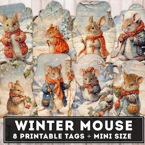 Winter Mouse Junk Journal Tags, Vintage Mouse Tag, Christmas Fairy Tag, Digital Journaling Labels, Printable Inserts, Shabby Winter Ephemera