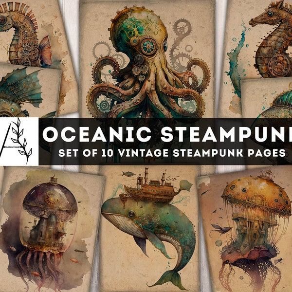 Nautical Steampunk Paper Pack, Oceanic Steampunk Printables, Steampunk Junk Journal Kit, Digital Pages Collage Sheet, Instant Download