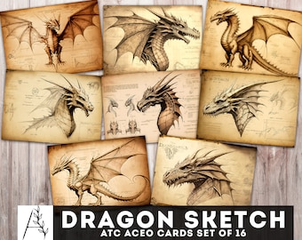 Dragon Sketch Cards: Printable ATC ACEO Ephemera (Digital Download)