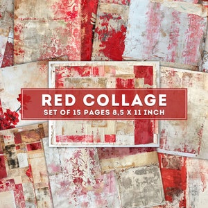 Red Collage, Mixed Media, Textiles & Paint, Junk Journal Ephemera Sheets, Old Background, Vintage Printable Pages, Digital Download