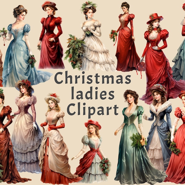 Christmas Ladies Clipart, Christmas beauty, 17 PNG Christmas Clipart Bundle, Christmas Junk Journal, Printable kit, Victorian Lady, Download