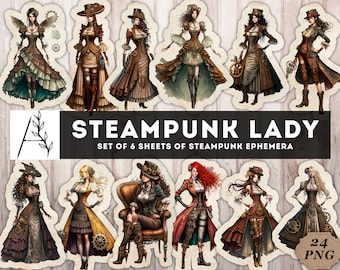 May include: Set of 24 digital illustrations of steampunk ladies in various poses and outfits. The illustrations are in PNG format and are perfect for crafting, scrapbooking, and digital design projects.  "STEAMPUNK LADY" and "SET OF 6 SHEETS OF STEAMPUNK EPHEMERA" are written in the image.