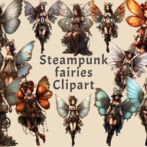 Steampunk Fairies Clipart, 12 PNG sprookjeswezens Bundel, Steampunk Junk Journal digitale kit, Fantastische Ephemera, Papieren collagebladen
