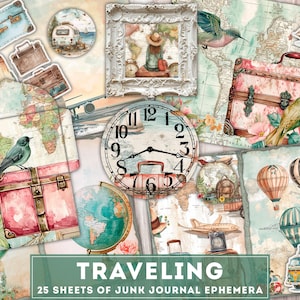 Projeto digital para impressão de viagem, kit de diário de lixo vintage, itens de viagem, cartões ATC, papel, relógios, cortes exigentes, envelopes, bolso