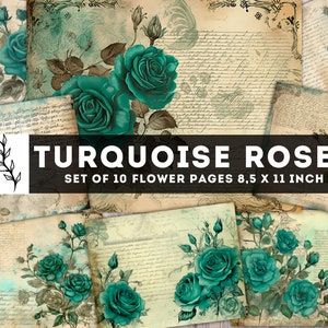Turquoise Roses Paper, Old Pages wit Flowers, 10 JPG Floral Digital Pages, Vintage Rose Junk Journal Kit, Romantic Printables, Download