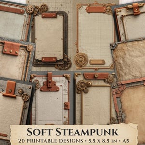 May include: A collection of 20 printable Soft Steampunk designs. The designs feature aged paper, copper-coloured metal frames, gears, and leather accents. Each design is 14 x 21.6 cm in size, and A5 format.