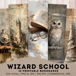 以下が含まれることがあります： ヴィンテージスタイルのイラストが特徴の、印刷可能なブックマーク5枚セット。デザインには、列車、城、メガネ付きの開いた本、檻の中のフクロウ、魔法使いの帽子が含まれます。各ブックマークは5.08 cm x 15.24 cmです。