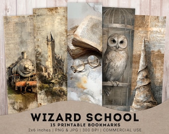 Wizard School Bookmarks, 15 PNG + 3 JPG Vintage Mage Images, Fantasy Magic potion, owl, train, castle, Spell Master, Digital download