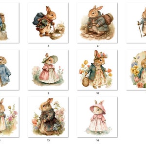 May include: Twelve illustrations of bunnies in various poses and outfits. The bunnies are depicted in a watercolor style with soft colors and delicate details. Some bunnies are wearing hats, backpacks, and carrying walking sticks. Others are holding flowers or baskets. The illustrations are set against a white background.